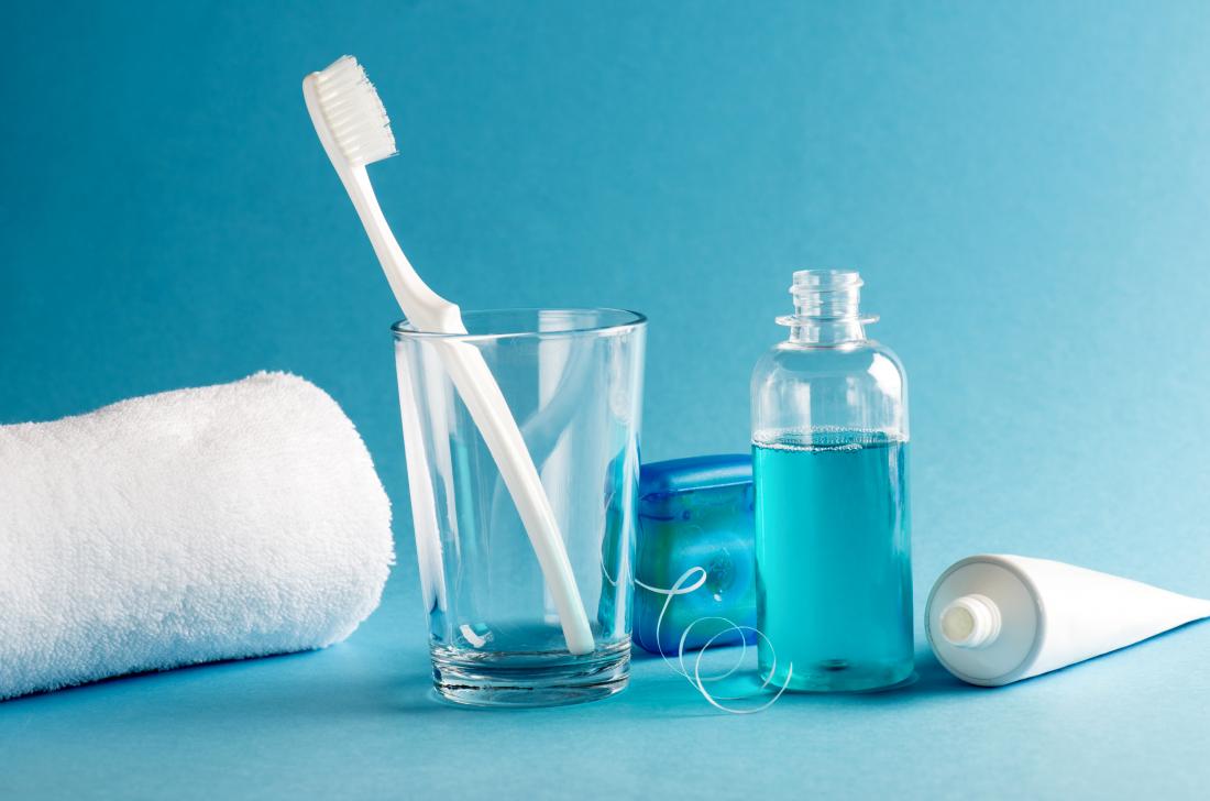 Mouthwash, toothbrush, toothpaste, dental floss, and other oral hygiene products.