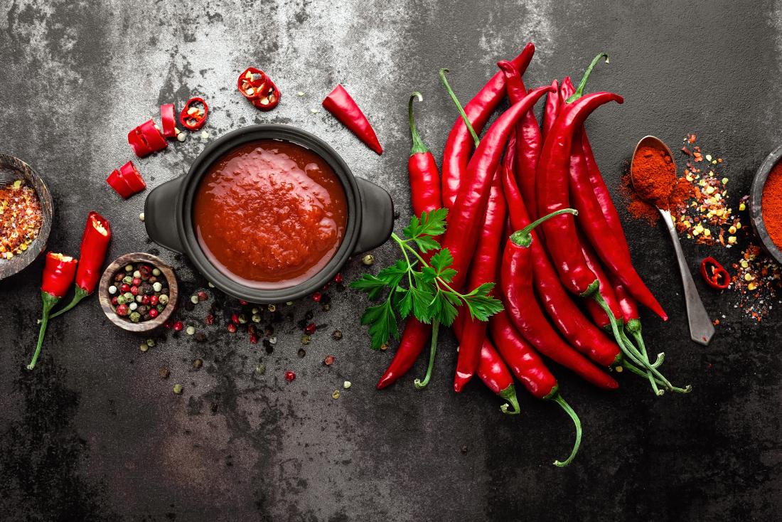 Spicy or hot food with chillis and pepper.
